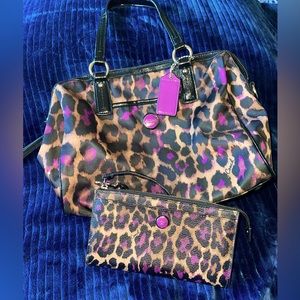 COACH Signature Stripe Ocelot Print Nylon Satchel Bag (F25283) & WALLET
